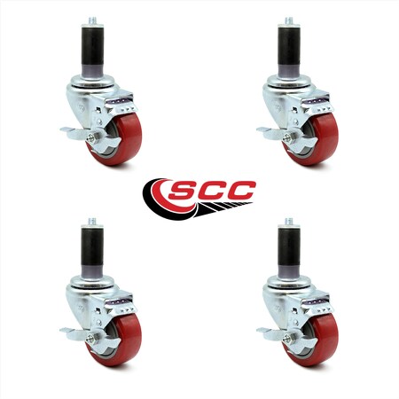 3 Inch Red Polyurethane Wheel Swivel 1-1/4 Inch Expanding Stem Caster Set Brake